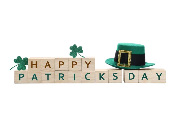 Leprechaun Hat Clover Leaves Wooden Cubes Phrase Saint Patrick Day — Stock Photo, Image