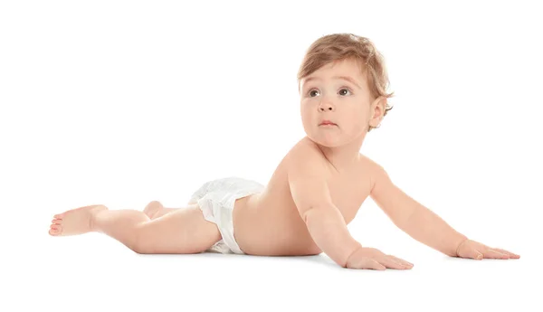Bayi Kecil Yang Lucu Dengan Popok Dengan Latar Belakang Putih — Stok Foto