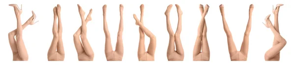 Beyaz Arka Planda Tayt Giyen Kadınların Kolajı Bacaklara Yakın Çekim — Stok fotoğraf