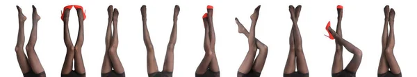 白底系带紧身裤的女大学生 腿的特写 条幅设计 — 图库照片
