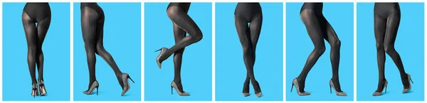 Collage Kvinnor Bär Tights Blå Bakgrund Närbild Ben Banderolldesign — Stockfoto