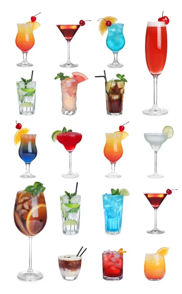 Set Diversi Cocktail Gustosi Sfondo Bianco — Foto Stock