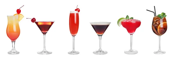 Set Van Verschillende Smakelijke Cocktails Witte Achtergrond — Stockfoto