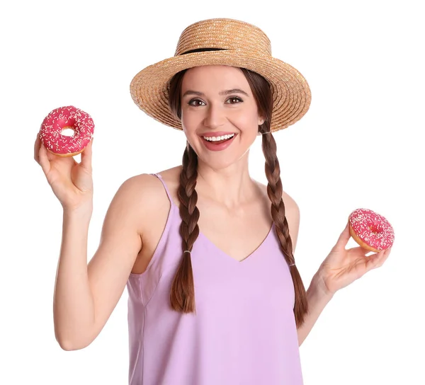 Mooie Jonge Vrouw Dragen Stijlvolle Hoed Met Donuts Witte Achtergrond — Stockfoto