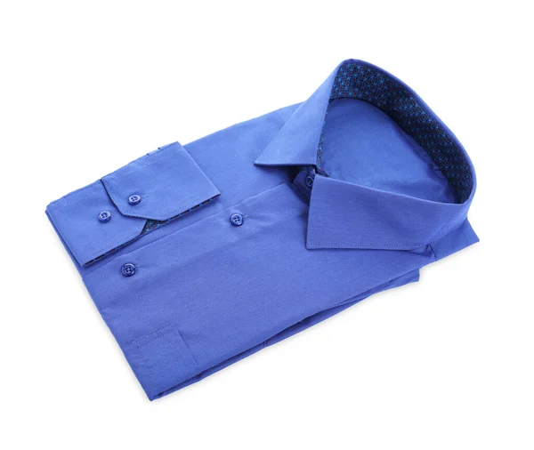 Chemise Bleue Élégante Isolée Sur Blanc Service Nettoyage Sec — Photo