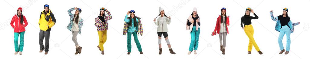 Collage of people wearing winter sports clothes on white background