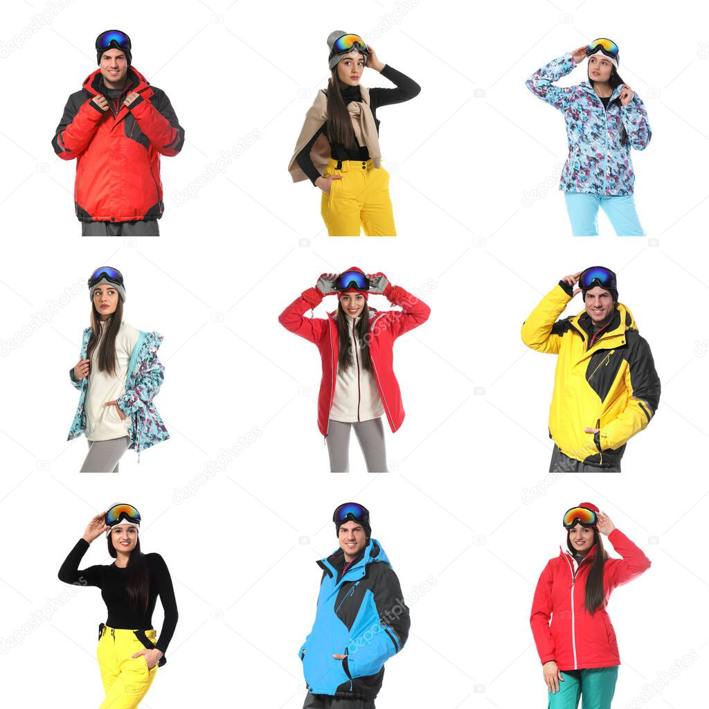 Collage of people wearing winter sports clothes on white background