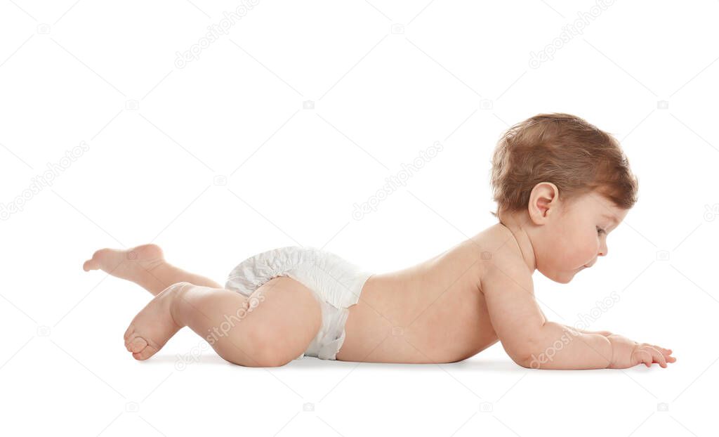 Cute little baby in diaper on white background