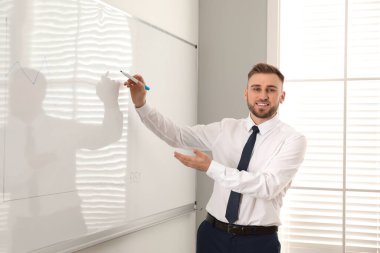 Ofisteki beyaz tahtanın yanında profesyonel bir iş eğitmeni.