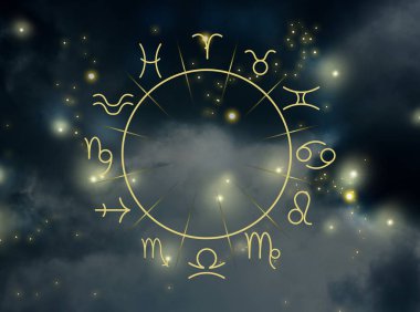 Yıldızlı ve zodyak tekerli gece gökyüzünün tasviri