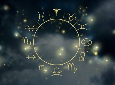 Illustration of night sky with stars and zodiac wheel clipart
