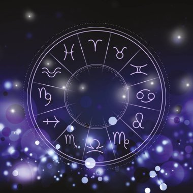 Karanlık arka planda astrolojik işaretleri olan bir zodyak çarkı tasviri. Bokeh etkisi