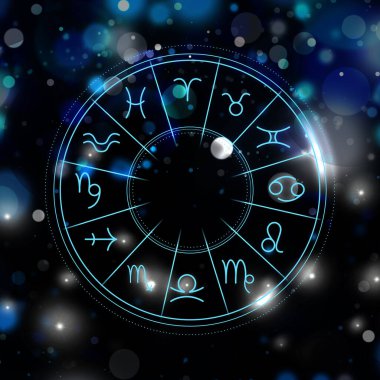 Karanlık arka planda astrolojik işaretleri olan bir zodyak çarkı tasviri. Bokeh etkisi