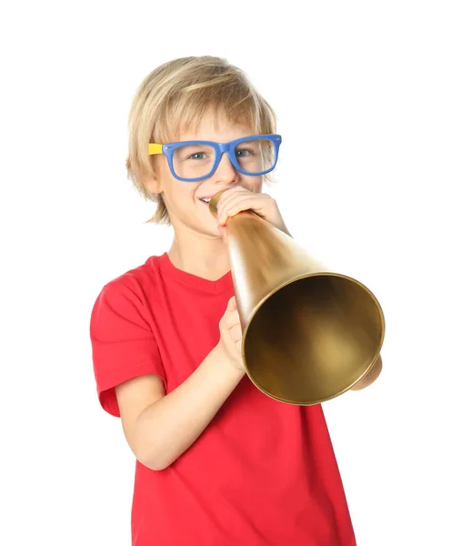 Kleiner Junge Mit Brille Und Megafon Auf Weißem Hintergrund Aprilscherz — Stockfoto