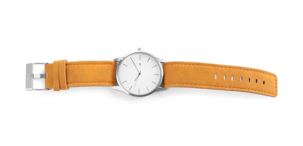 Elegante Reloj Pulsera Con Banda Cuero Aislado Blanco Vista Superior —  Fotos de Stock