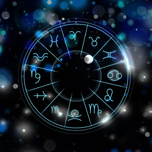 Karanlık arka planda astrolojik işaretleri olan bir zodyak çarkı tasviri. Bokeh etkisi