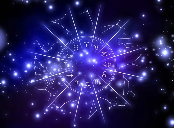 Εικονογράφηση Του Νυχτερινού Ουρανού Αστέρια Και Ζόντιακ Τροχό — Φωτογραφία Αρχείου