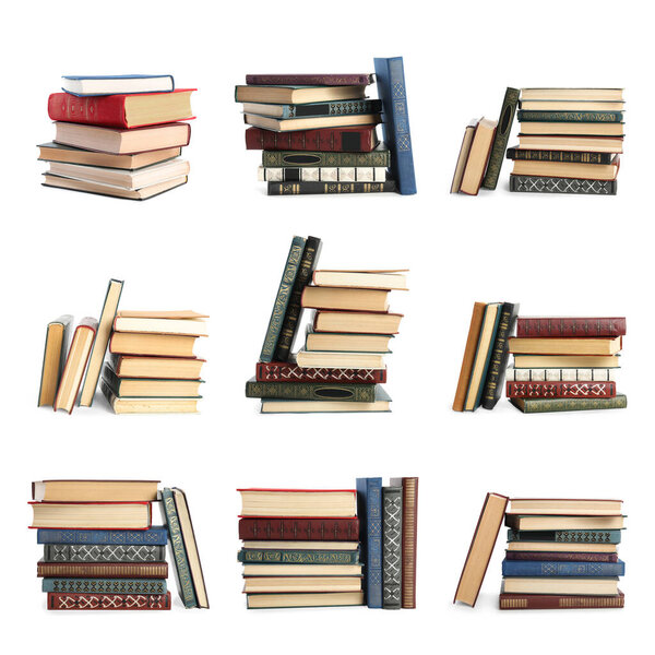 Collection of different retro books on white background