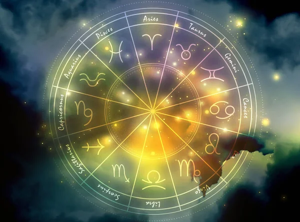 Illustrazione Del Cielo Notturno Con Stelle Ruota Zodiacale — Foto Stock