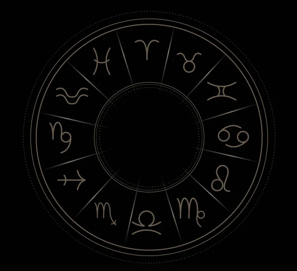 黒の背景に占星術の兆候を持つ星座ホイールのイラスト — ストック写真