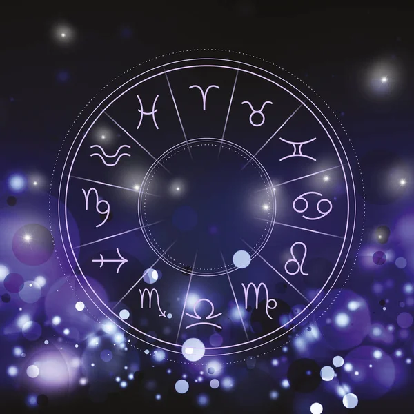 Illustration Zodiac Wheel Astrological Signs Dark Background Bokeh Effect — Stock Photo, Image