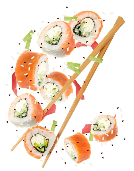 Läckra Sushi Rullar Och Ätpinnar Vit Bakgrund — Stockfoto