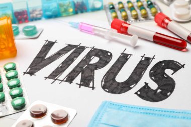 Beyaz arka planda kelime virüsü ve ilaçlar