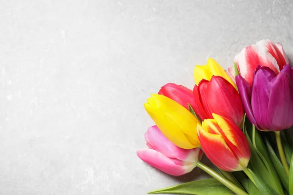 Весенние Тюльпаны Светло Сером Каменном Столе Плоские Пространство Текста — стоковое фото