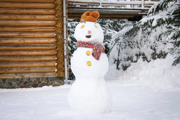 Grappige Sneeuwpop Met Hoed Sjaal Buiten Wintervakantie — Stockfoto