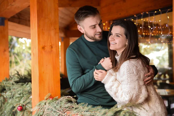 Happy Couple Warm Clothes Open Terrace Winter Vacation — Stock Photo, Image
