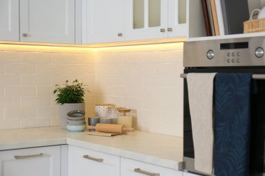 Modern mutfağın tezgahında güzel bitki ve bulaşık malzemeleri var.