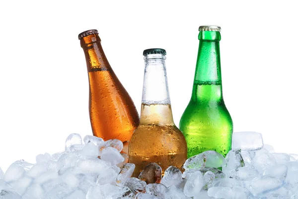 Ice Cubes Different Bottles White Background — Stock Photo, Image