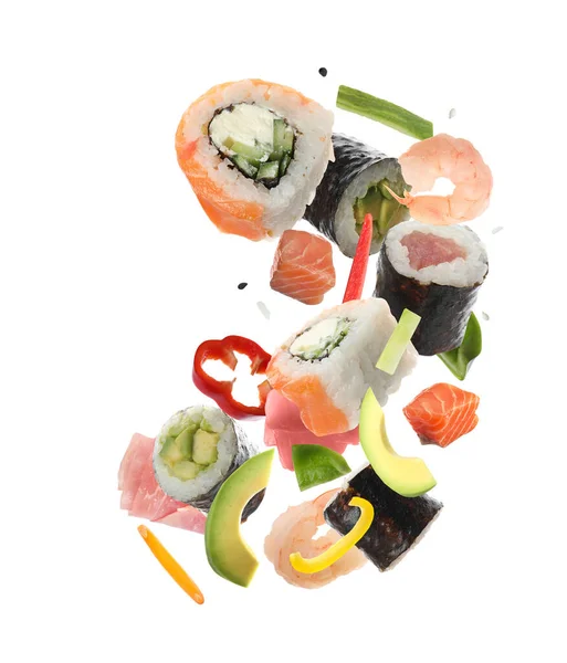 Různé Sushi Role Ingredience Bílém Pozadí — Stock fotografie