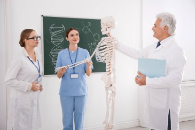 Tıp öğrencileri ve profesör sınıfta insan iskeleti anatomisi okuyor.