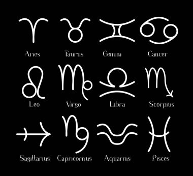 Siyah arka planda astrolojik işaretlerin toplanması. Görüntü 