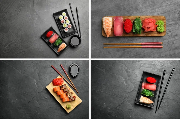Colagem Com Fotos Sushi Delicioso Rolos Mesa Cinza — Fotografia de Stock
