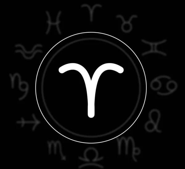 黒の背景に牡羊座の占星術の記号と星座ホイール イラスト — ストック写真
