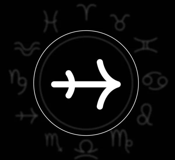 Sternzeichen Schütze Und Tierkreisrad Auf Schwarzem Hintergrund Illustration — Stockfoto