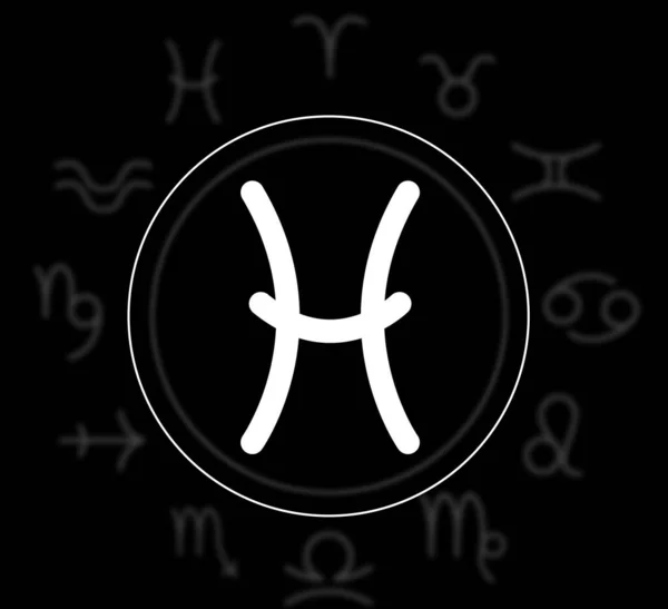 Piscis Signo Astrológico Rueda Del Zodiaco Sobre Fondo Negro Ilustración — Foto de Stock