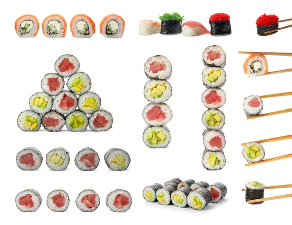 Zestaw Różnymi Pysznymi Sushi Rolki Białym Tle — Zdjęcie stockowe