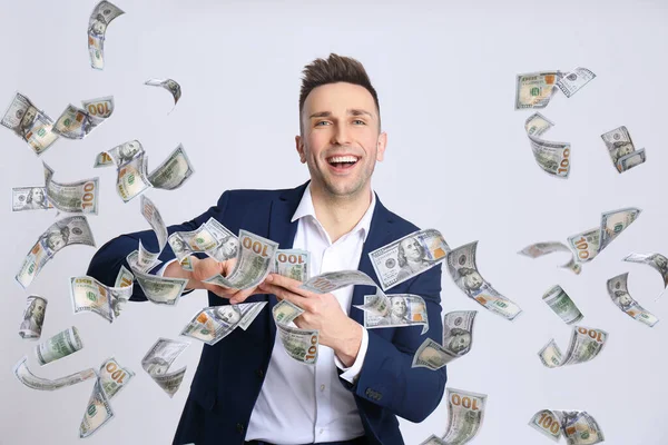 Happy Young Man Money Light Background — Stock Photo, Image