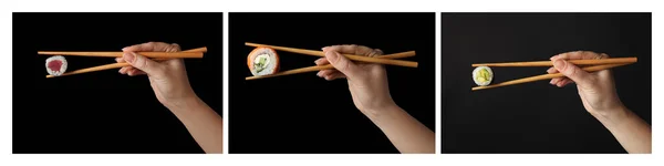 Kollázs Nők Kezében Sushi Tekercs Fekete Alapon Közelkép — Stock Fotó