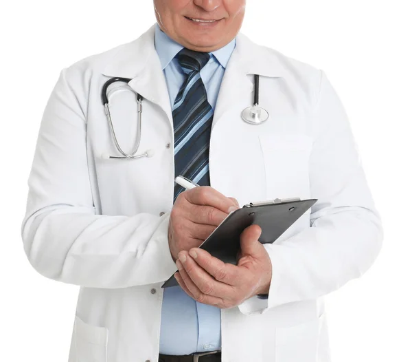 Senior Doctor Clipboard White Background Closeup — 스톡 사진