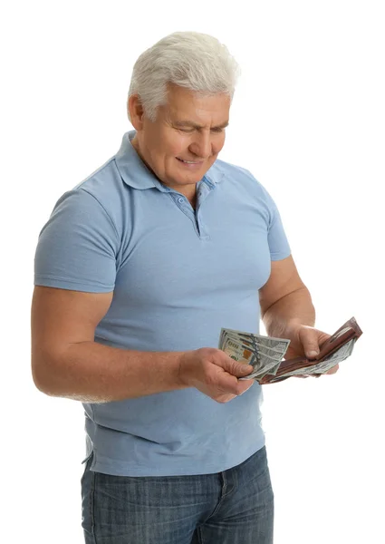 Šťastný Senior Muž Hotovostními Penězi Peněženkou Bílém Pozadí — Stock fotografie