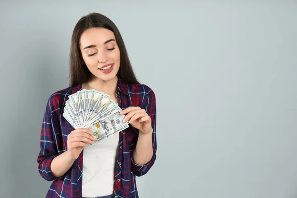 Young Woman Money Light Grey Background Space Text — Stock Photo, Image