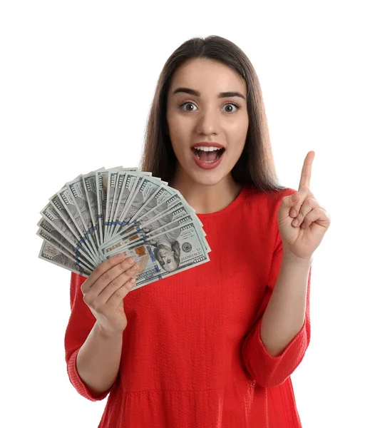 Emocional Joven Mujer Con Dinero Sobre Fondo Blanco — Foto de Stock