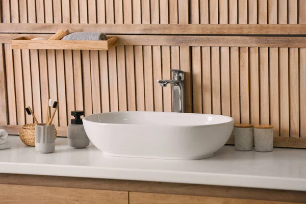 Stylish Vessel Sink Wooden Wall Modern Bathroom — Stock Photo, Image