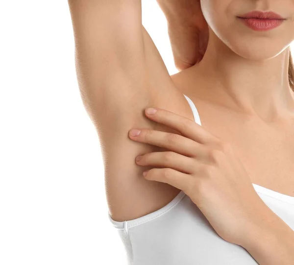 Young Woman Showing Armpit Smooth Clean Skin White Background Closeup — Stock Photo, Image