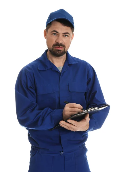 Portrait Professional Auto Mechanic Clipboard White Background — Stock Photo, Image