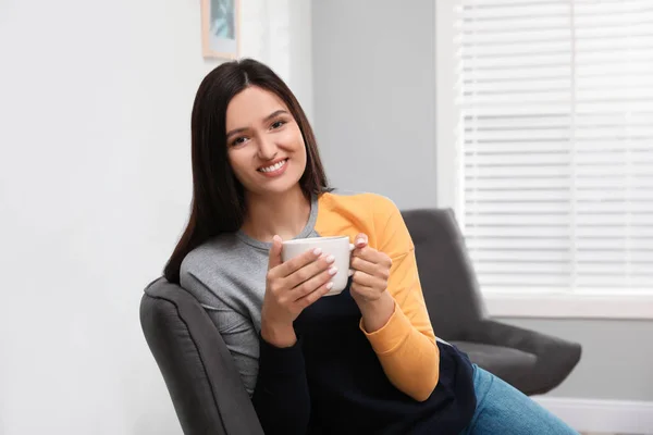 Young Woman Cup Drink Relaxing Home — 스톡 사진